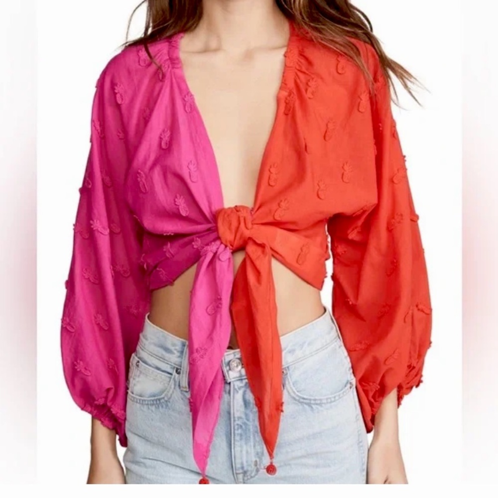 Farm Rio Pineapple Color Block Tie Front Top